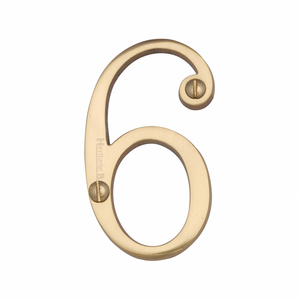 Heritage Brass Numeral 6 -  Face Fix 76mm  – Slimline font